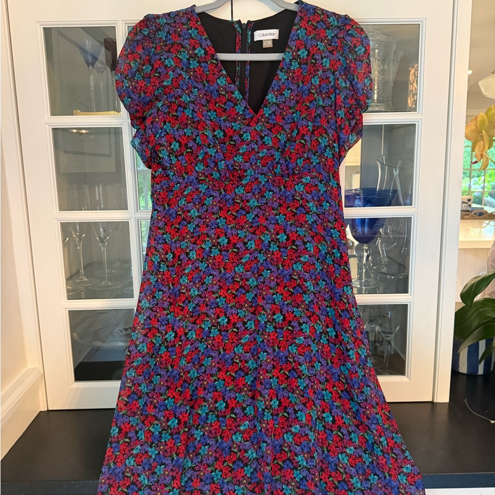 Calvin Klein Red and Blue A-Line Midi Dress